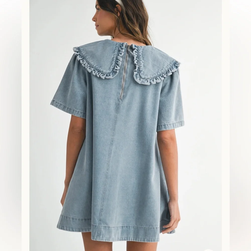 Amable by Mable Peter Pan collared light Wash denim mini dress shirt sleeve Sz S - Picture 4 of 15